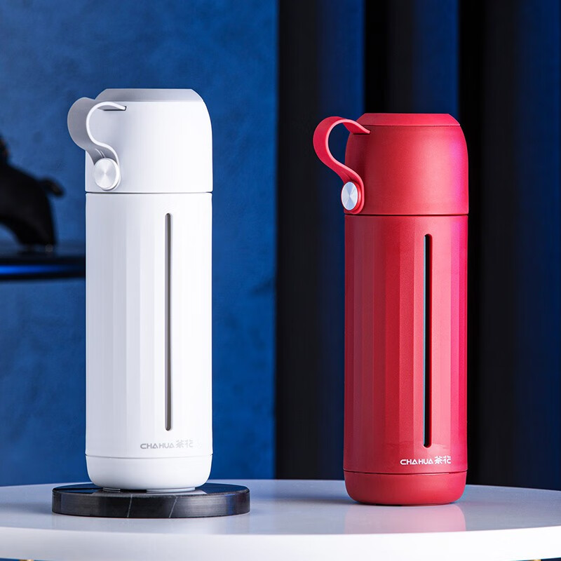 茶花家用带盖玻璃杯男女学生水杯便携泡茶杯带盖两用杯子随手杯 白色310ml