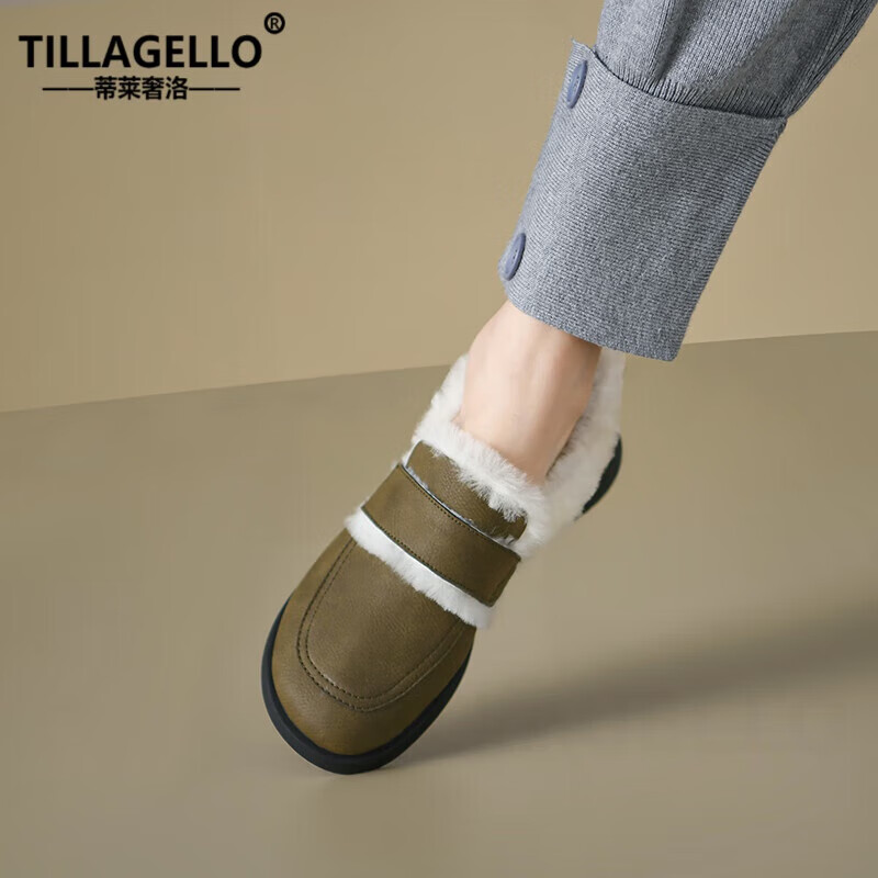 蒂莱奢洛（Tillagello）奢侈高端品牌女鞋高档乐福鞋女冬季新款2022复古加绒加厚毛毛鞋时