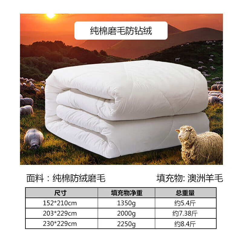 富安娜羊毛被子【纯棉面料】100%进口澳洲全羊毛被芯保暖冬厚被 单双人被褥盖被 珍芯1米5/1米8床(203*229cm)