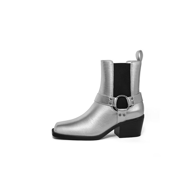 百丽小众切尔西靴女2023冬季新商场同款粗跟方头短靴BBJ64DZ3 银色 33