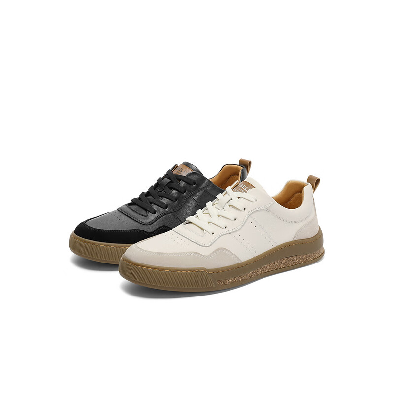 百丽时尚撞色小白鞋男2023秋季新款皮革拼接舒适低帮休闲板鞋A1237CM3 黑色 38