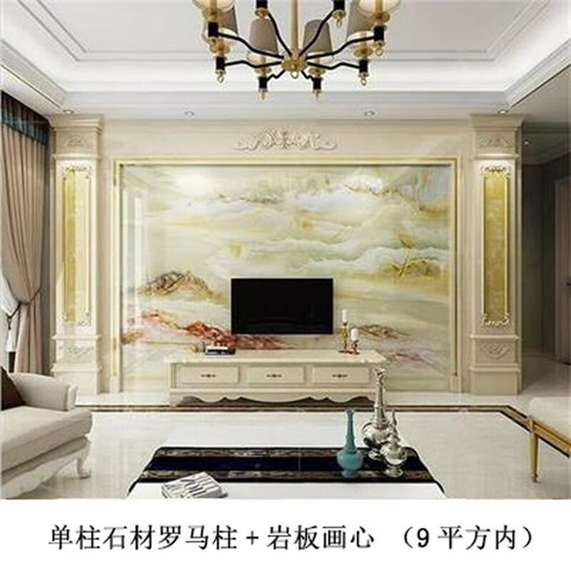 XMSJ别墅大理石电视背景墙岩板瓷砖客厅欧式石材罗马柱造型装饰影视墙