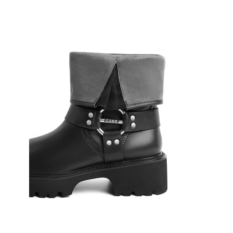 百丽厚底金属扣机车靴女23冬季新款潮流百搭休闲靴BEM60DS3预售 黑色 34