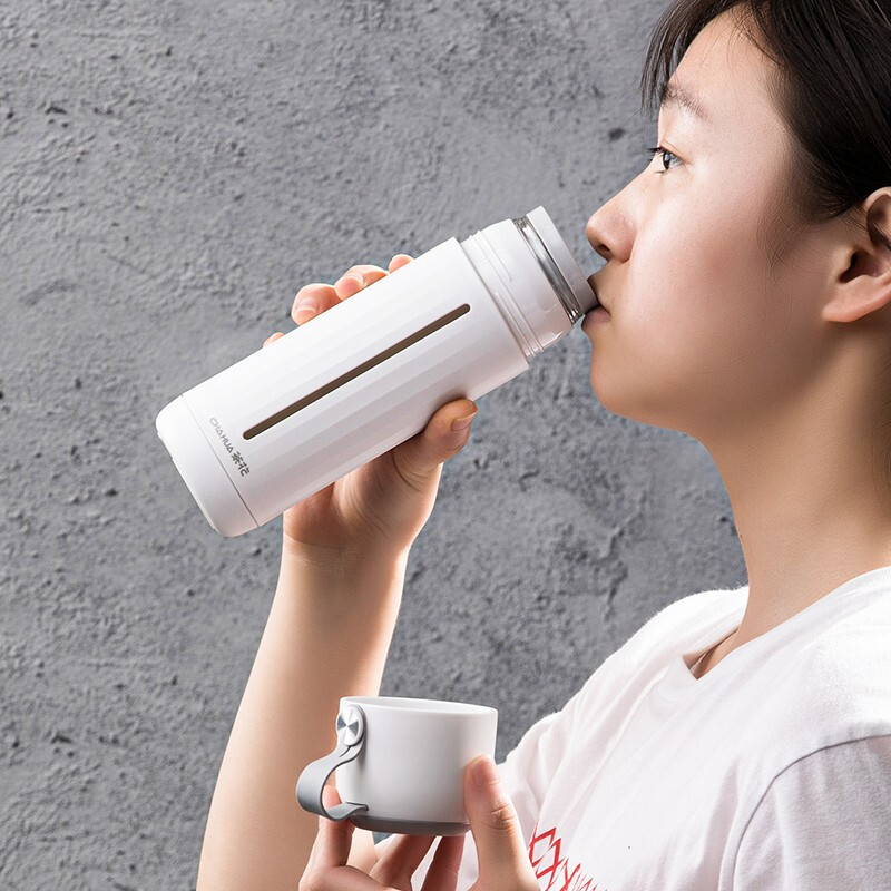 茶花家用带盖玻璃杯男女学生水杯便携泡茶杯带盖两用杯子随手杯 白色310ml