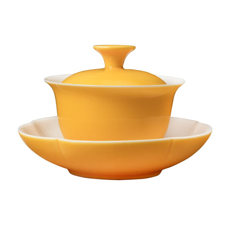 瑞泉岩茶 白瓷功夫茶具套装 专用盖碗/公道杯/品茗杯 黄色茶具
