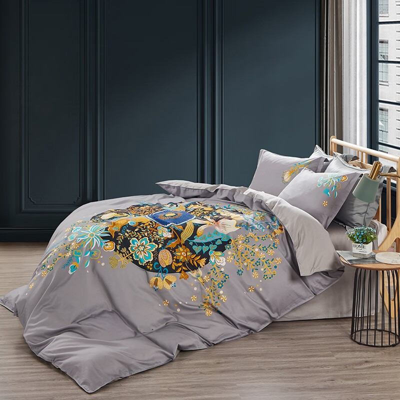 洁丽雅 优品全棉四件套60支数码印花件新疆长绒棉全棉高织密四件套200*230cm 浅灰色 1.8米