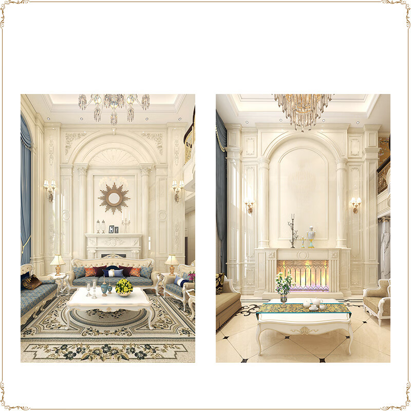 久久猫 复式楼罗马柱石材背景墙瓷砖装修欧式客厅护墙板中空别墅挑高大理石岩板影视墙大板挑空造型定制