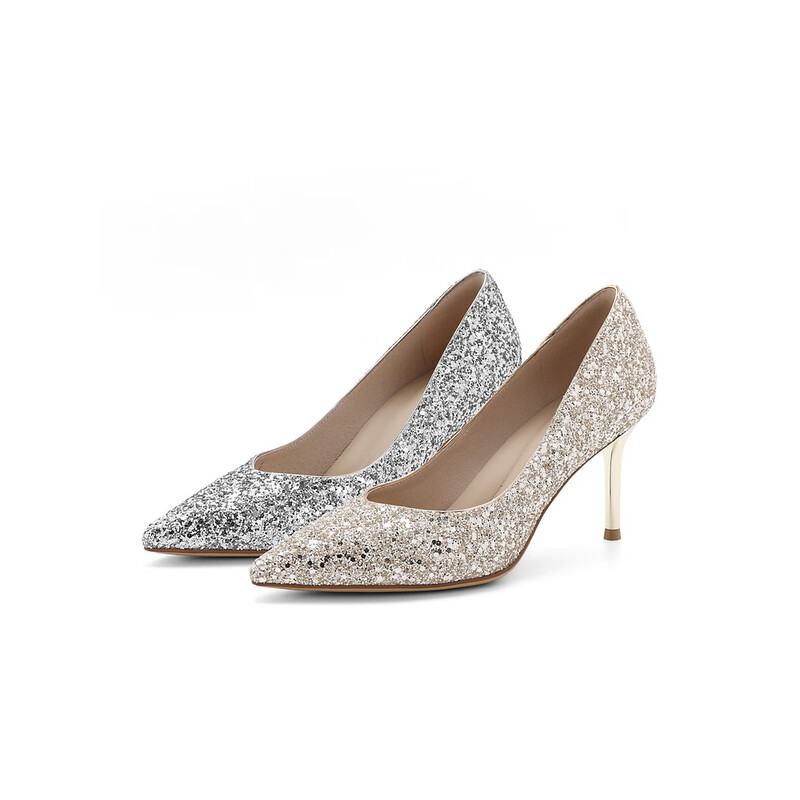 百丽闪亮耀眼细高跟鞋女23秋季新款婚礼晚宴单鞋BDAG7CQ3 银色 36