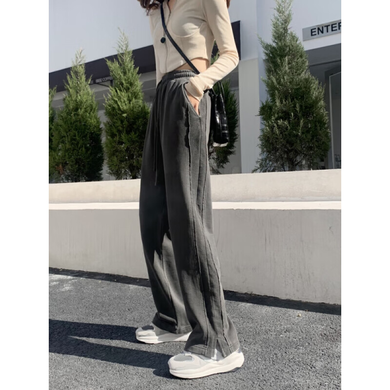 休闲裤女2024春秋季运动卫裤窄版裤宽松阔腿设计感裤子  X