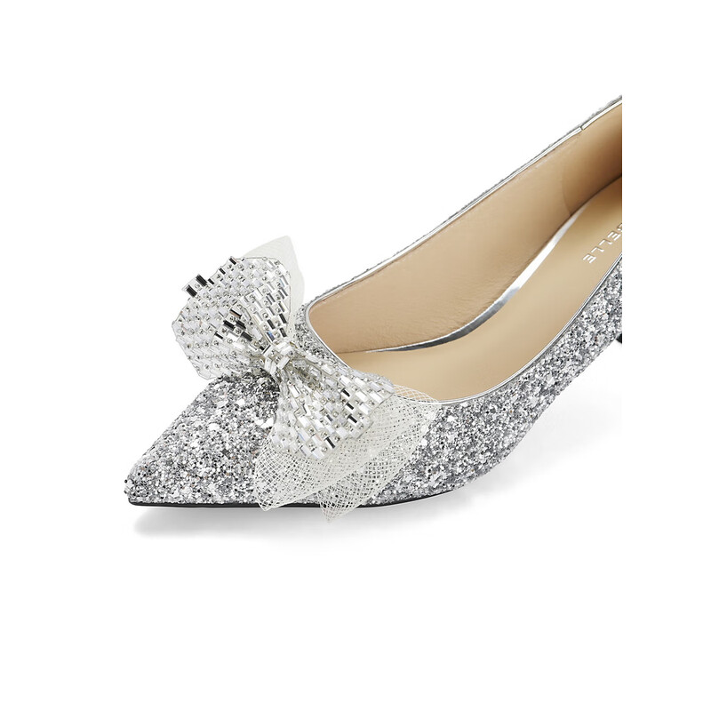 百丽尖头细高跟鞋女2023秋季新款闪耀蝴蝶结婚鞋B1569CQ3预售 银色 34