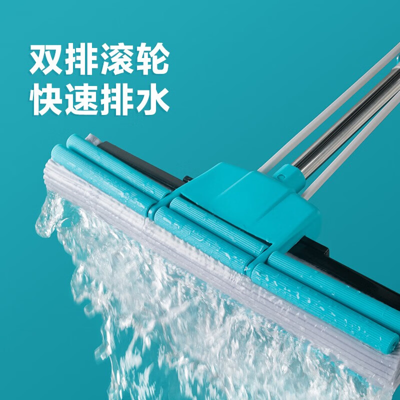 茶花海绵滚轮拖把免手洗2023新款家用拖地神器胶棉吸水地拖 【蓝中号】洁境滚轮胶棉拖