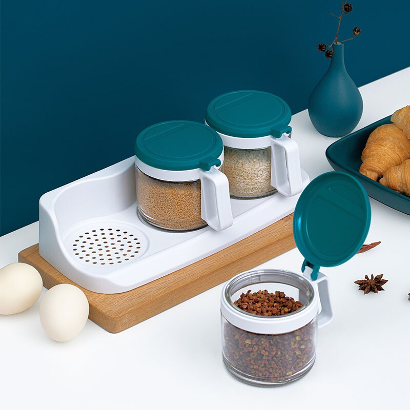 茶花（CHAHUA） 盐罐3组装圆形调味罐300ml佐料盒套装调料罐油壶 蓝色【3个1组装】