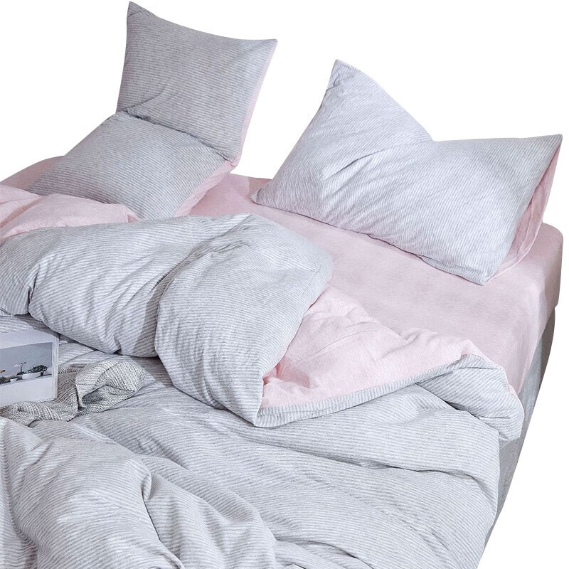 三极户外（Tri-polar）TP2957日式天竺棉三件套床罩被罩枕套针织棉简约床上用品 床笠款 1.2米床 粉灰细条