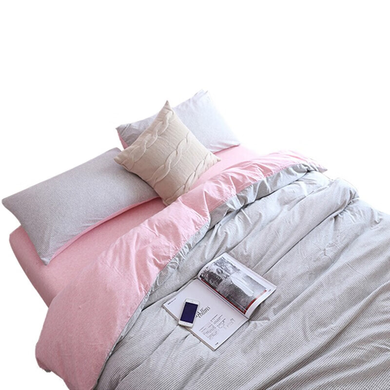 三极户外（Tri-polar）TP2957日式天竺棉三件套床罩被罩枕套针织棉简约床上用品 床笠款 1.2米床 粉灰细条