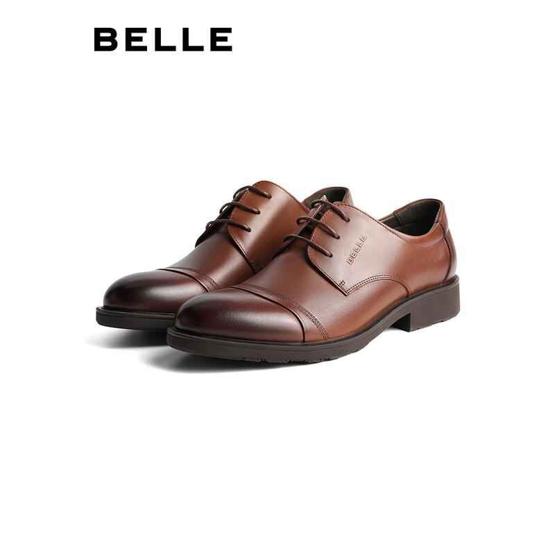 百丽正装鞋男皮鞋牛皮圆头婚鞋商务休闲皮鞋3UX01CM5 棕色 43