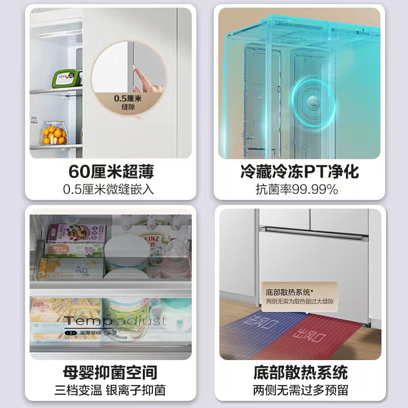 美的（Midea）厨房白色嵌入式套装 60厘米薄系列424升法式多门冰箱BCD-424WFPZM(E)+15套热风烘干洗碗机RX600-W