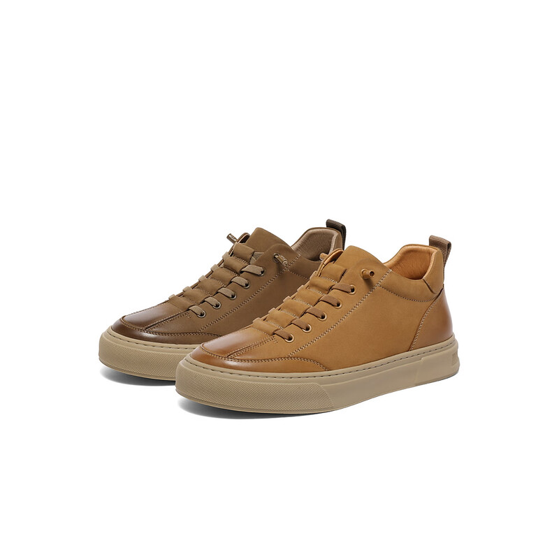 百丽潮搭休闲鞋男2023冬季新牛皮复古擦色免系带板鞋加绒A1255DD3预售 黄色-绒里 38