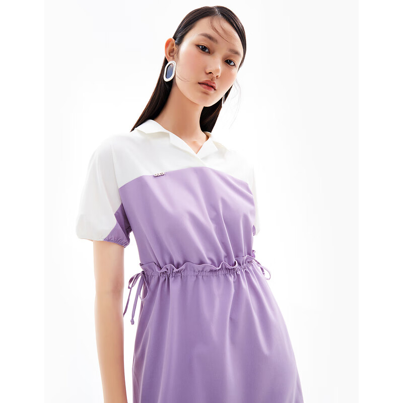 juzui/玖姿2021夏季新款运动风撞色拼接抽绳收腰中长女连衣裙