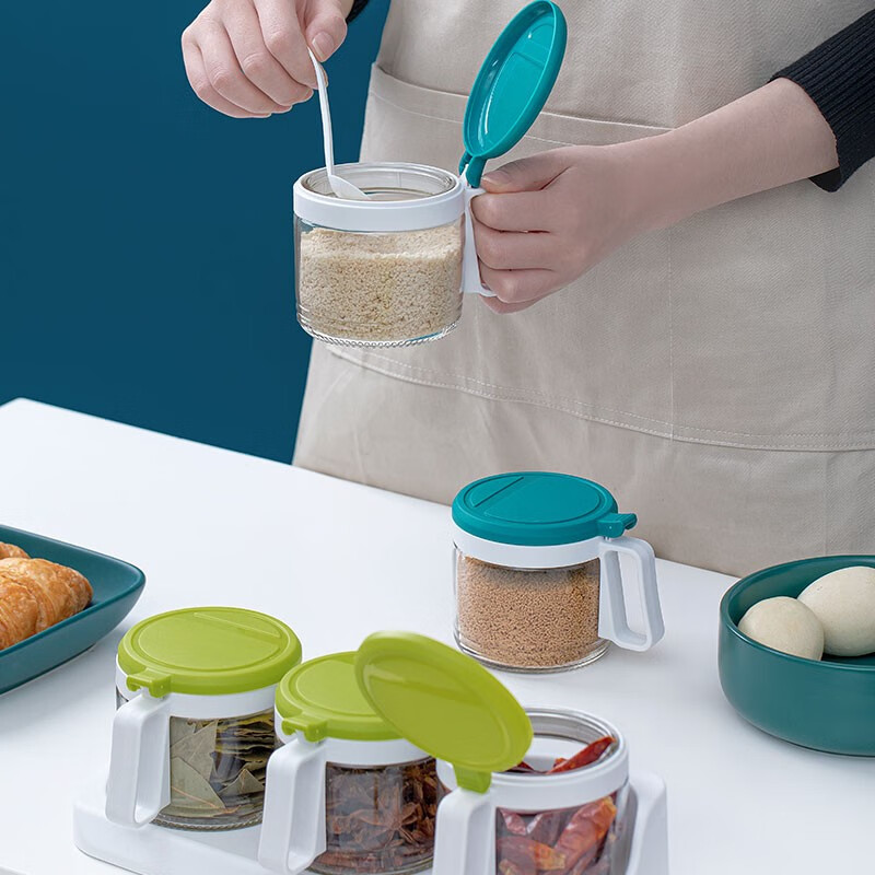 茶花（CHAHUA） 盐罐3组装圆形调味罐300ml佐料盒套装调料罐油壶 蓝色【3个1组装】