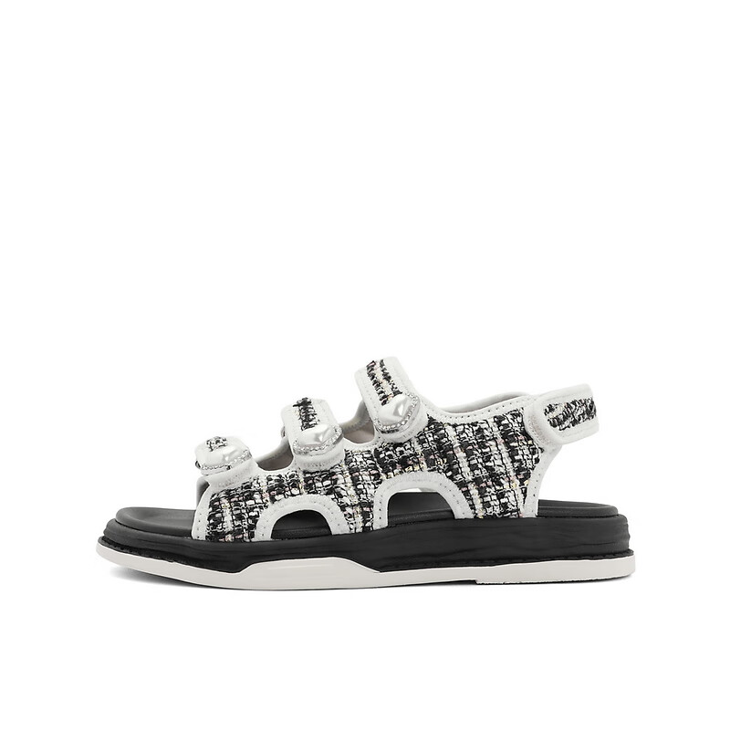 百丽小香风凉鞋童鞋2023夏季新商场同款可爱珍珠魔术贴沙滩鞋23212B63 黑色 34