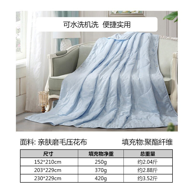 富安娜空调被子 可水洗夏凉超柔双人加大夏薄被芯 跃动(230*229cm)浅蓝