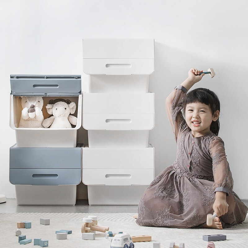 茶花（CHAHUA）茶花34L收纳箱塑料化妆品收纳盒儿童玩具零食整理箱储物箱斜口前开个性叠加收纳柜 【实物偏白】-浅灰黄大号 34L*2个装（实测45.5*38*31）