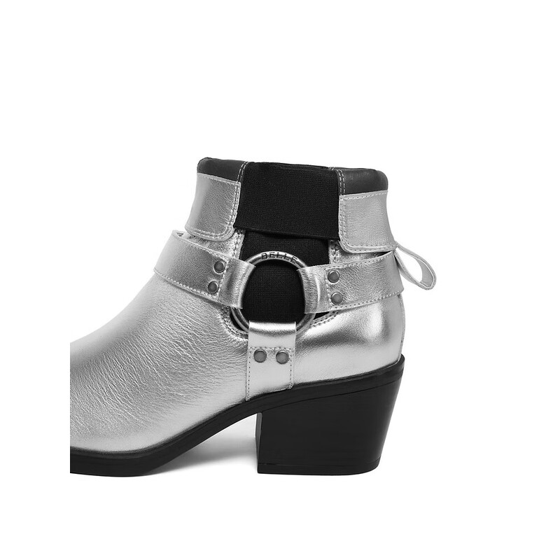 百丽小众切尔西靴女2023冬季新商场同款粗跟方头短靴BBJ64DZ3 银色 33