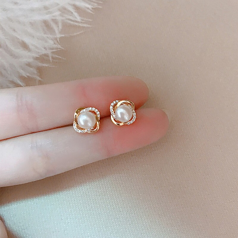 QIMEILA 四叶草珍珠耳钉女 925银耳环耳饰首饰韩版复古法式优雅气质学生情侣生日礼物送女友