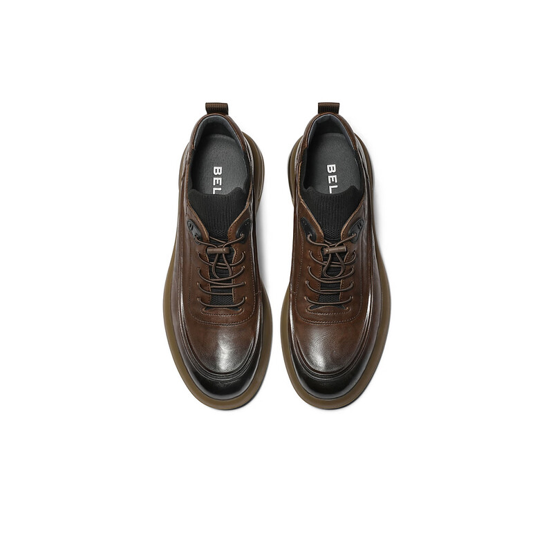 百丽潮搭休闲鞋男2023冬季新牛皮免系带复古擦色板鞋加绒A1244DM3预售 棕色单里 38