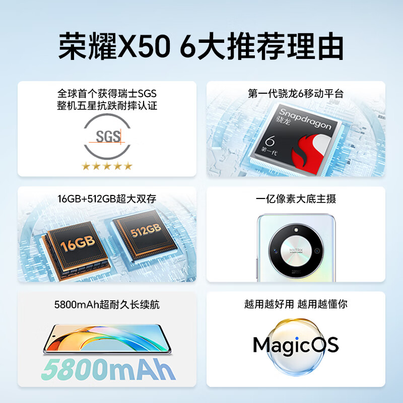 荣耀X50 第一代骁龙6芯片 1.5K超清护眼硬核曲屏 5800mAh超耐久大电池 5G AI手机