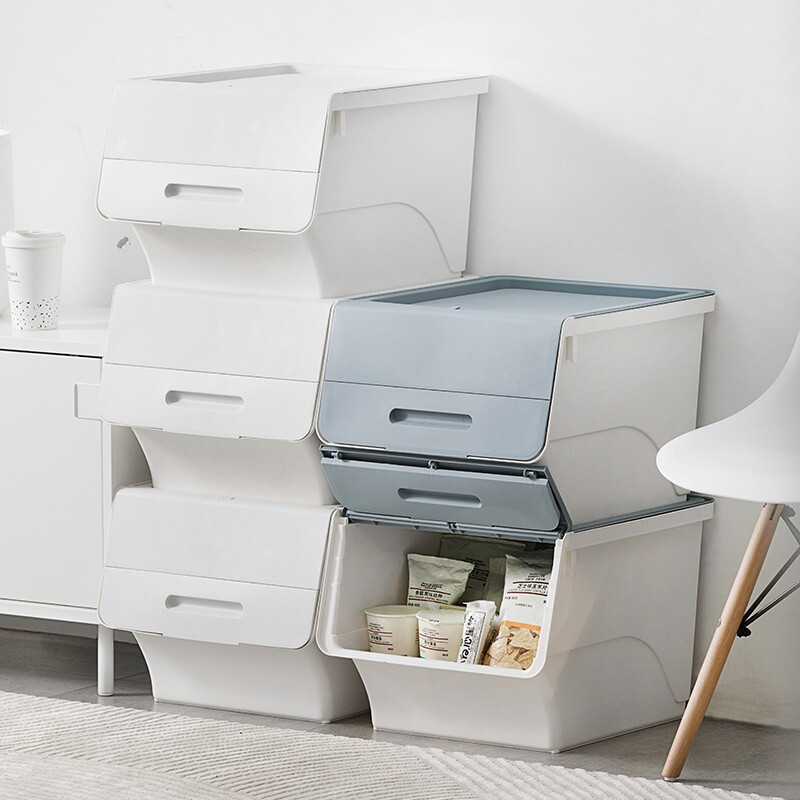 茶花（CHAHUA）茶花34L收纳箱塑料化妆品收纳盒儿童玩具零食整理箱储物箱斜口前开个性叠加收纳柜 【实物偏白】-浅灰黄大号 34L*2个装（实测45.5*38*31）