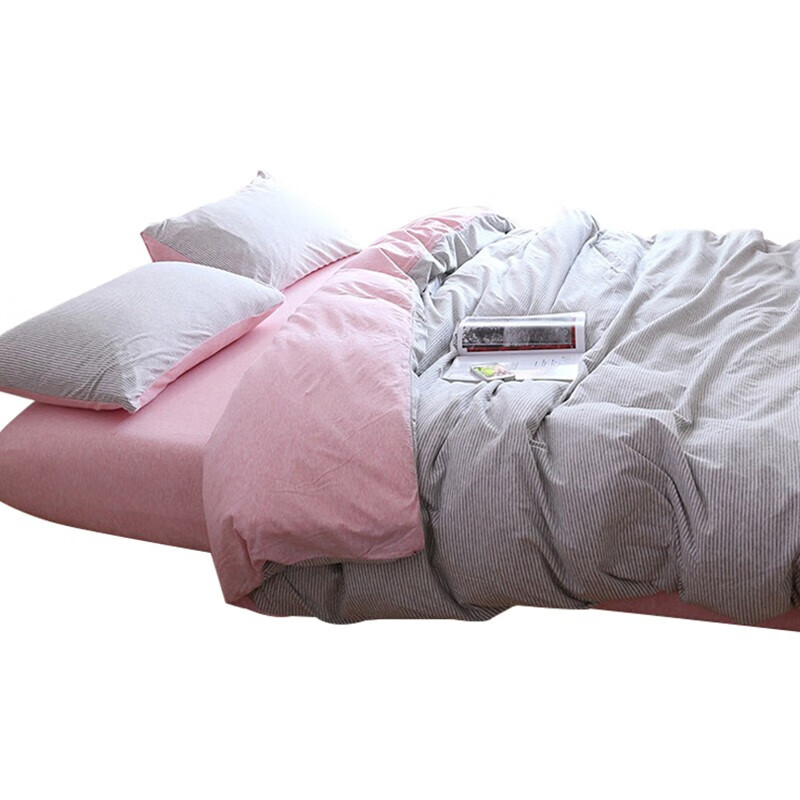 三极户外（Tri-polar）TP2957日式天竺棉三件套床罩被罩枕套针织棉简约床上用品 床笠款 1.2米床 粉灰细条