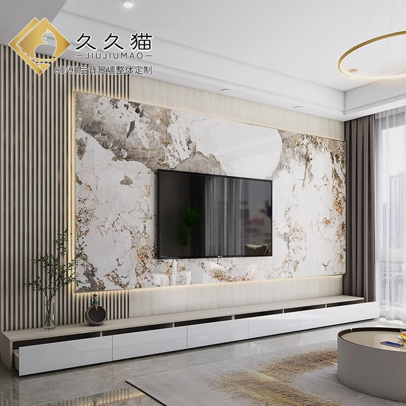 久久猫潘多拉岩板悬空电视背景墙瓷砖客厅连纹900x1800实木格栅抽屉网红