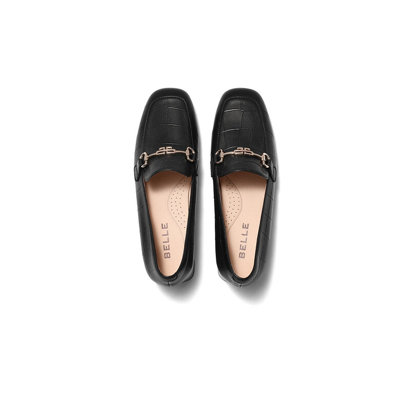 百丽通勤乐福鞋女2023秋季新款压纹OL单鞋BZ520CA3预售 黑色-宽版 38