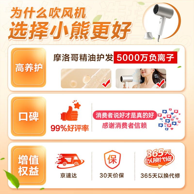 小熊（Bear）吹风机 电吹风家用 吹风筒大功率高速风力速干 宿舍便携低噪负离子不伤发专用磁吸风嘴DCF-C18E5