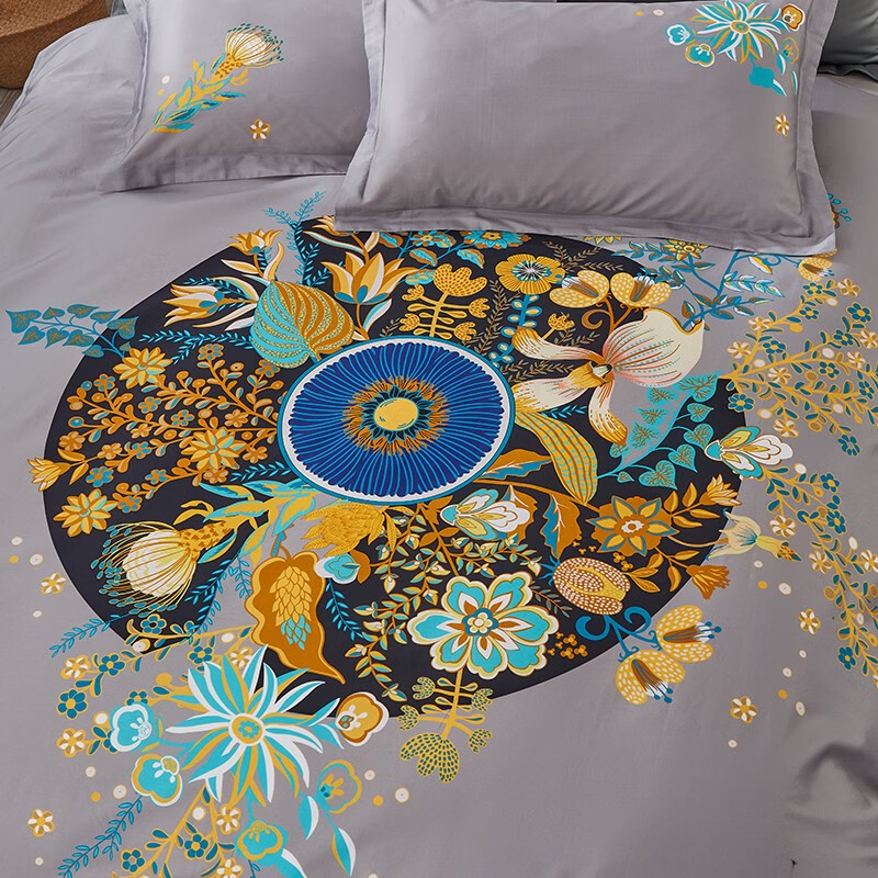 洁丽雅 优品全棉四件套60支数码印花件新疆长绒棉全棉高织密四件套200*230cm 浅灰色 1.8米