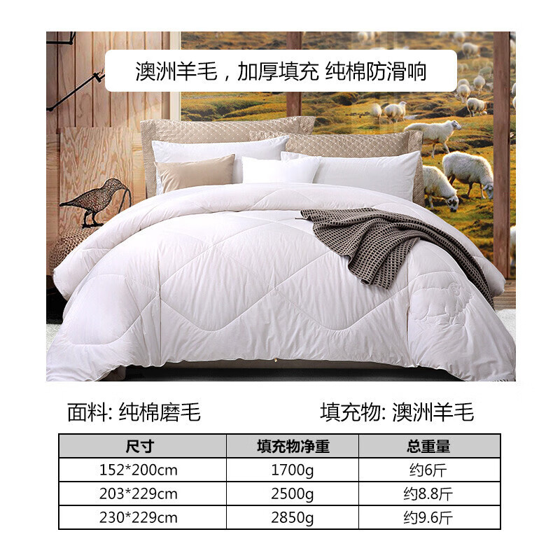富安娜家纺 加厚羊毛被子 100%进口澳毛保暖冬厚被芯 纯棉磨毛面料 双人加大 珍芯澳洲1米8/2米床(230*229cm)