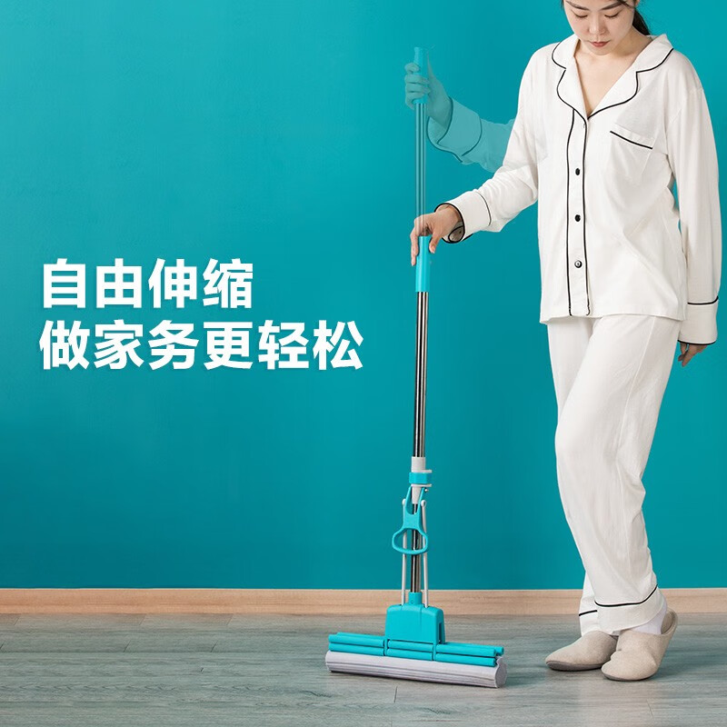 茶花海绵滚轮拖把免手洗2023新款家用拖地神器胶棉吸水地拖 【蓝中号】洁境滚轮胶棉拖
