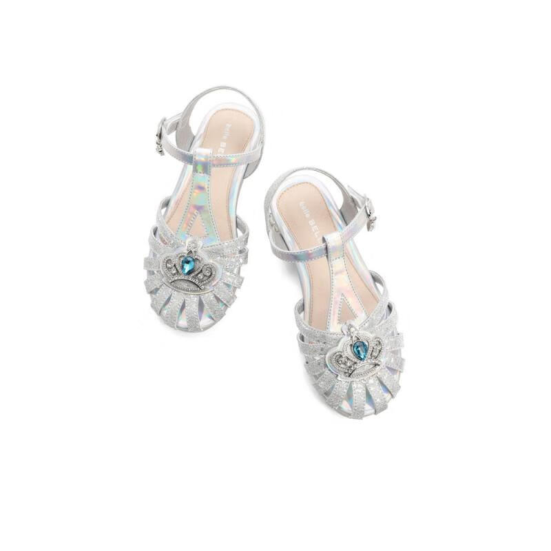 百丽镂空水晶童鞋女商场同款包头休闲凉鞋22619B62 银色 32