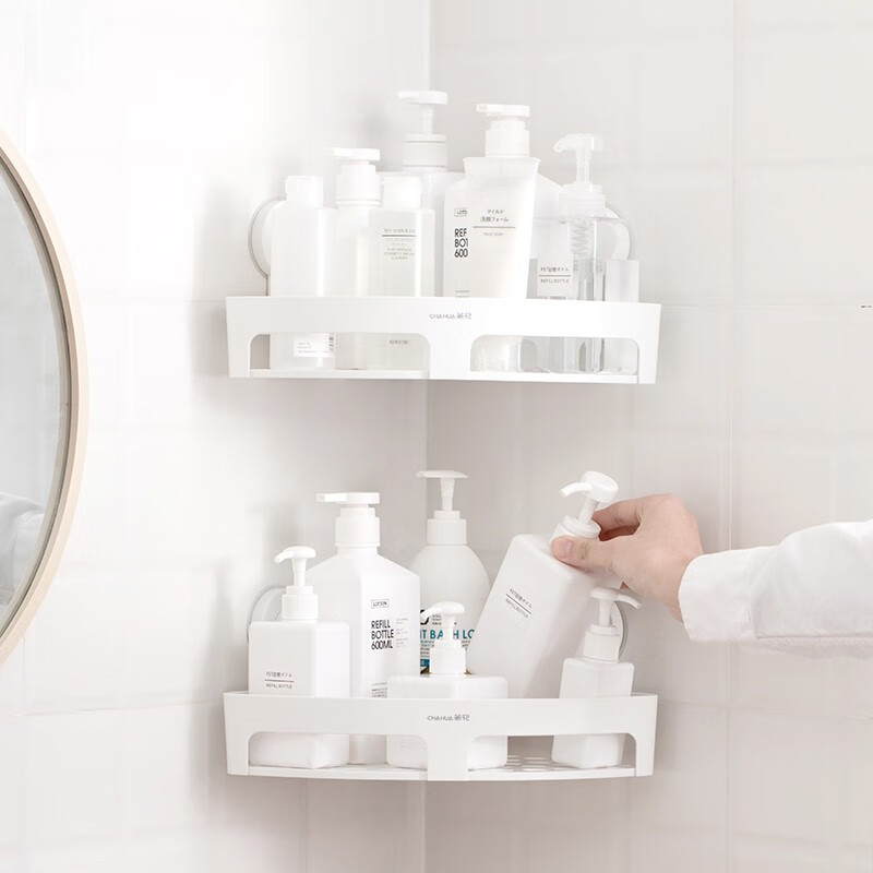 茶花（CHAHUA） 茶花卫生间贴壁式三角置物架储物架壁挂免打孔厨房浴室墙角收纳架 【1个装】卡乐强力三角置物架