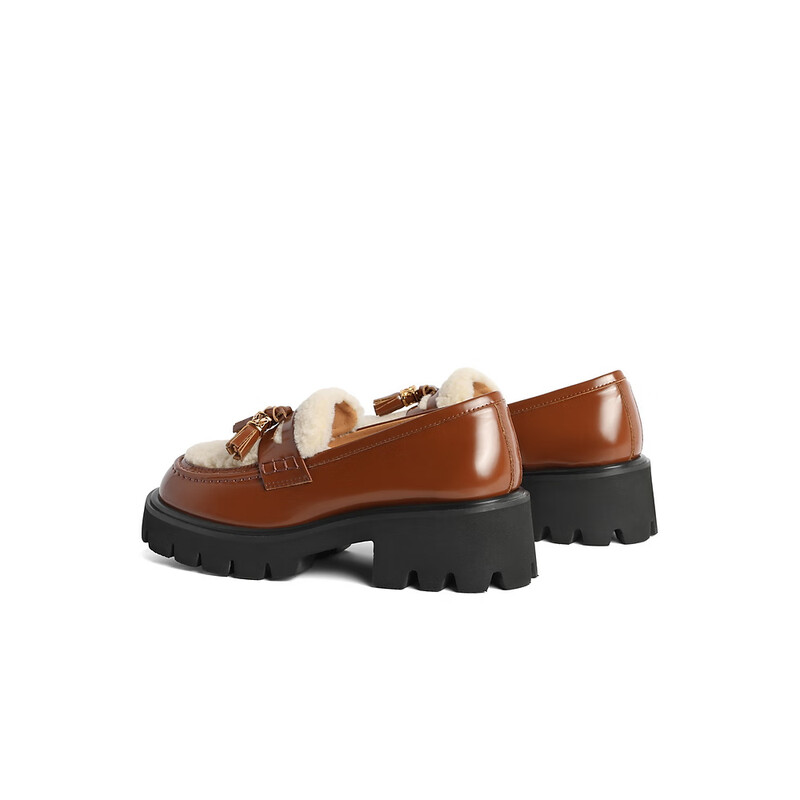 百丽厚底乐福鞋女2023秋季新款牛皮革复古拼接JK乐福B1493CM3预售 棕色 34