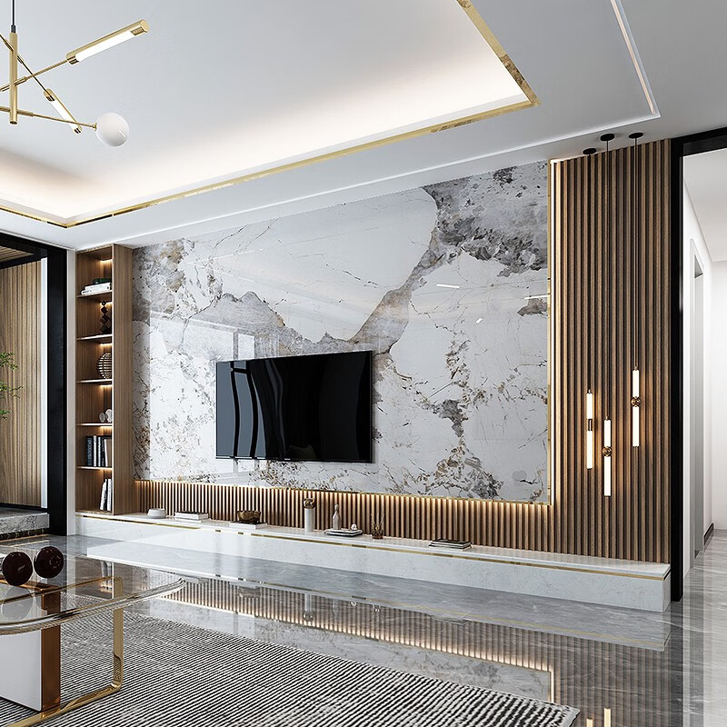 久久猫岩板悬空电视背景墙瓷砖客厅连纹900x1800实木格栅抽屉网红  1-9