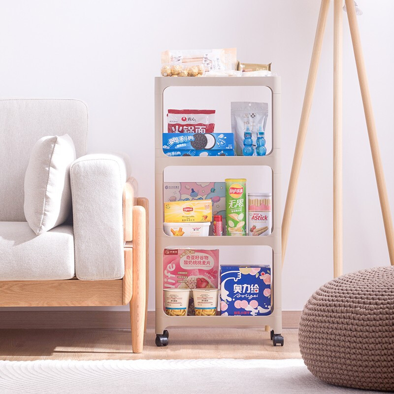 茶花百纳窄边可移动四层置物架客厅阳台厨房置物架 百纳可移动四层置物架咖色（40*18*86.5）