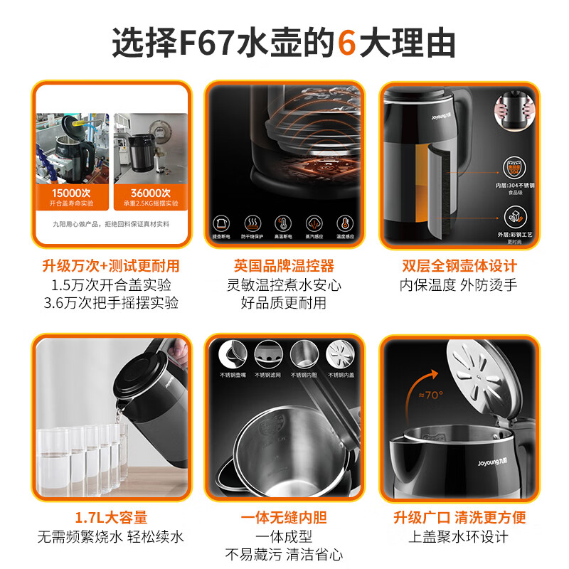 九阳（Joyoung）热水壶烧水壶电水壶1.7L 内外双钢无缝双层防烫304不锈钢STRIX温控器家用开水壶K17-F67