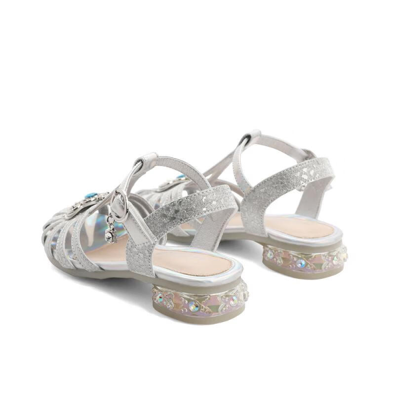 百丽镂空水晶童鞋女商场同款包头休闲凉鞋22619B62 银色 32