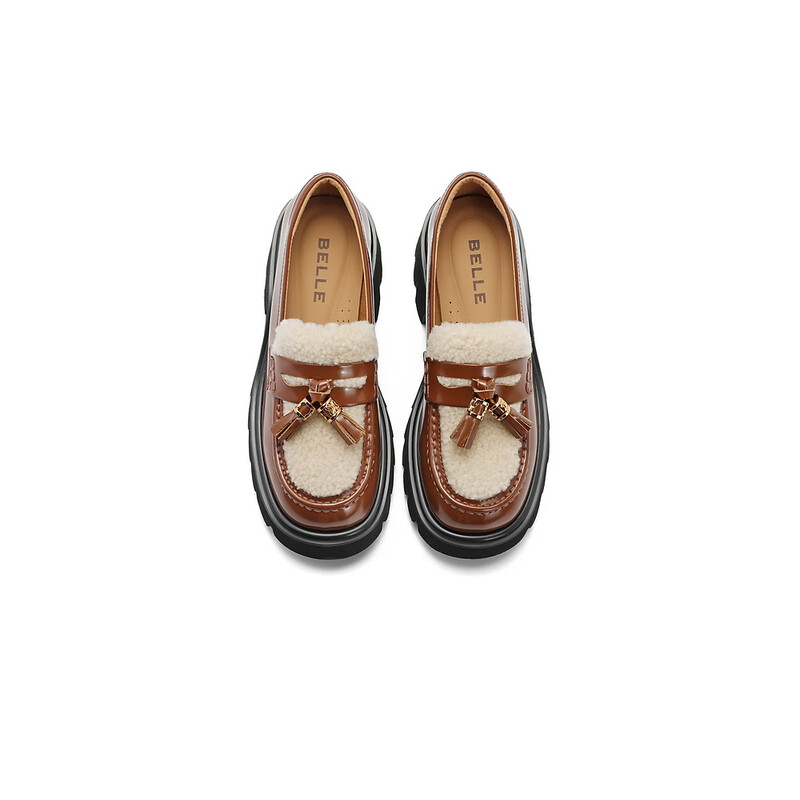 百丽厚底乐福鞋女2023秋季新款牛皮革复古拼接JK乐福B1493CM3预售 棕色 34