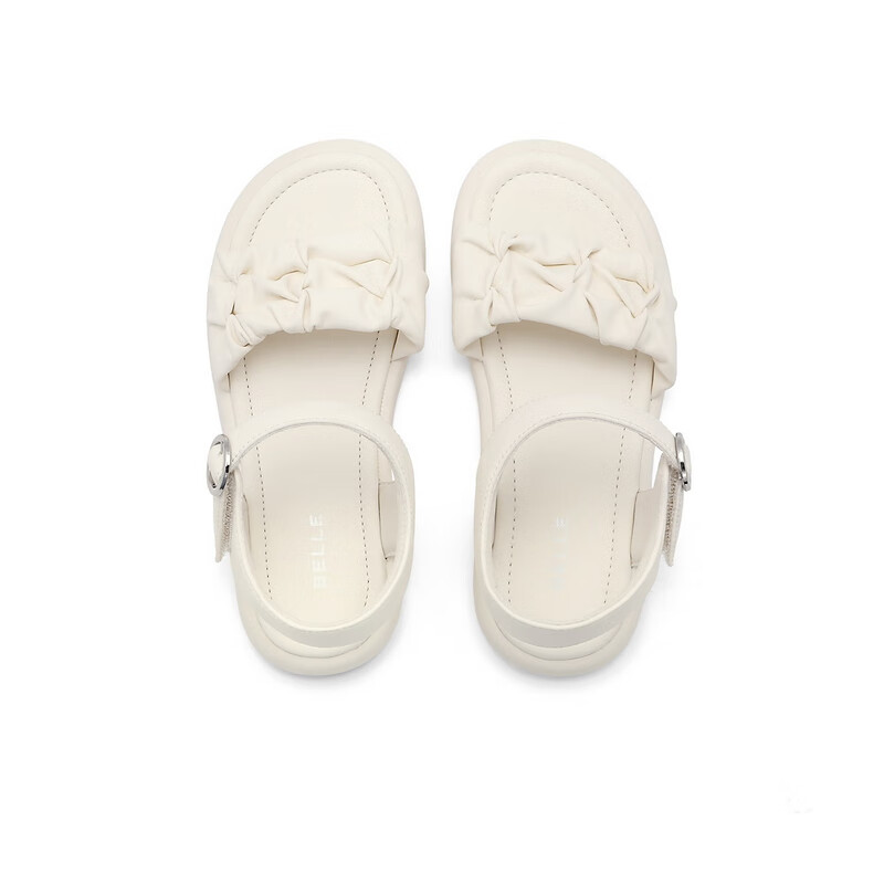 百丽褶皱一字带凉鞋童鞋2023夏季新商场同款简约休闲凉鞋92358B63 米色 32