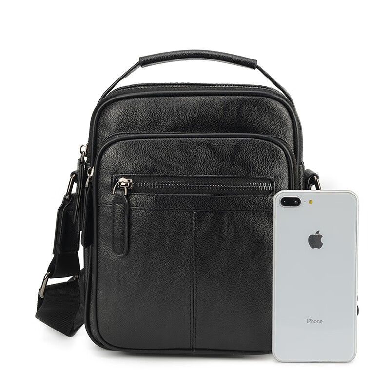 恒源祥（HYX）男士单肩包真皮休闲斜挎包牛皮挂包斜跨包包商务背包男包 黑色