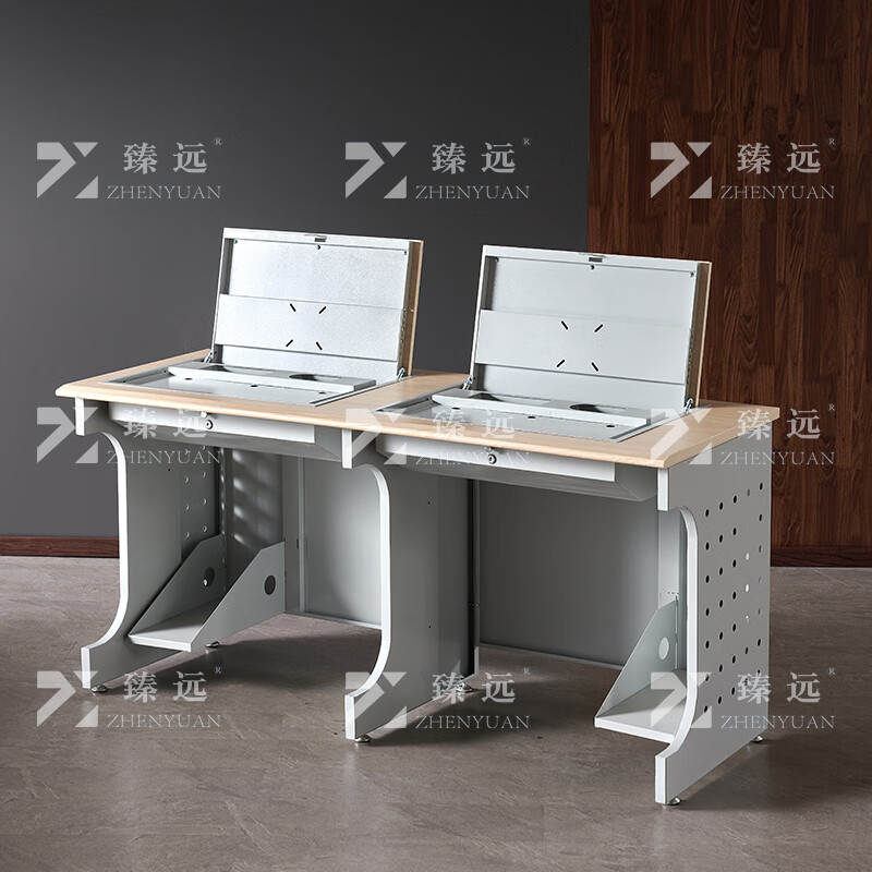臻远ZY4012429隐藏式翻转电脑桌培训桌办公桌D款双人位