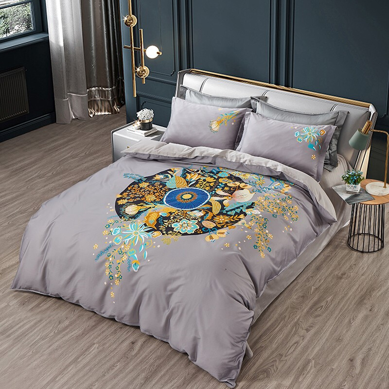 洁丽雅 优品全棉四件套60支数码印花件新疆长绒棉全棉高织密四件套200*230cm 浅灰色 1.8米